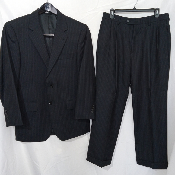 Jos. A. Bank Other - Jos A Bank Black 100% Wool Pinstriped Full Suit Set Blazer Size 38S Pants 32x28